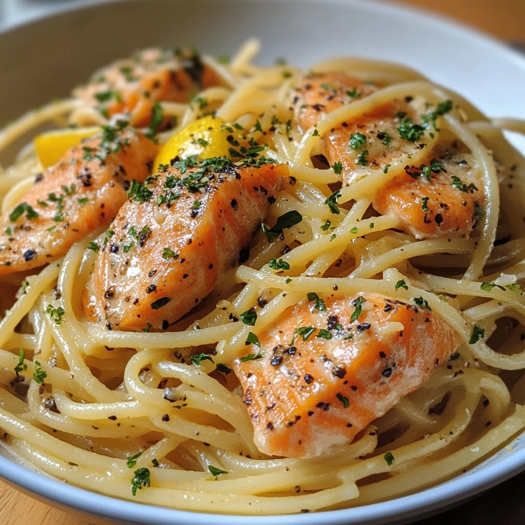 Creamy lemon garlic spaghetti twirled with chunks of seared salmon, topped with herbs and a slice of lemon, served in a white bowl.