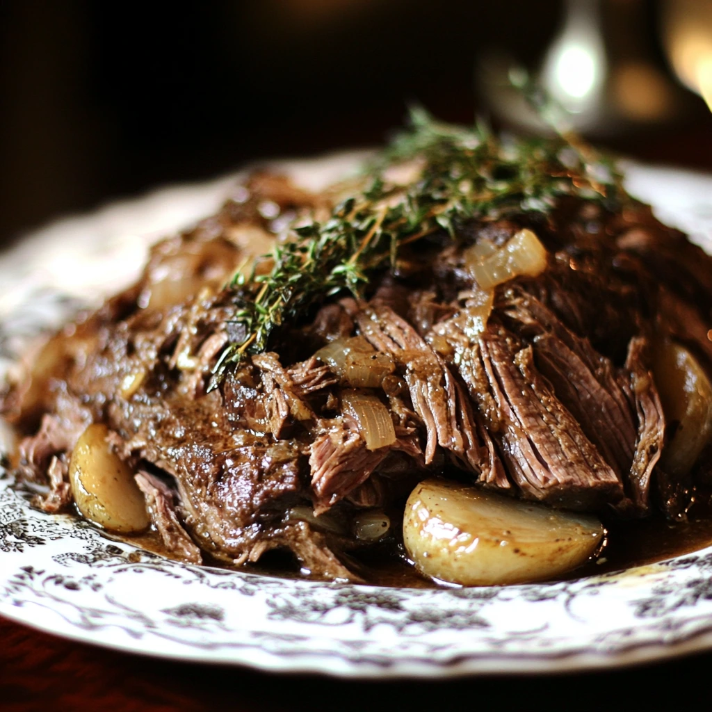 Fork-tender Tuscan beef roast on a wooden board, garnished with fresh rosemary and served with roasted vegetables.