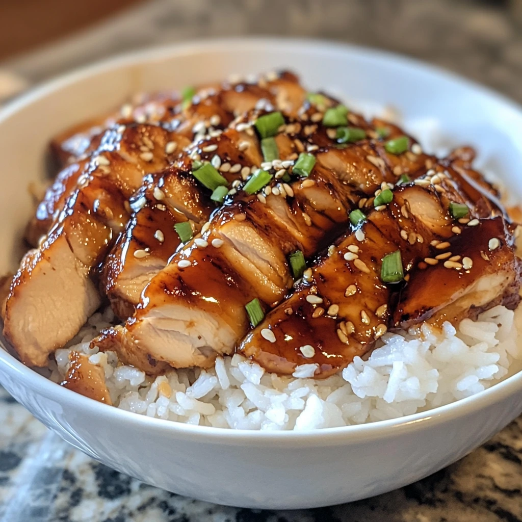 Bowl of teriyaki chicken served over jasmine rice, topped with sesame seeds and a side of broccoli.