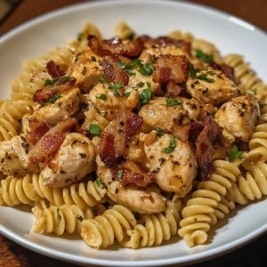 Creamy pasta with sliced chicken breast and crispy bacon crumbles, topped with grated parmesan and fresh basil leaves.