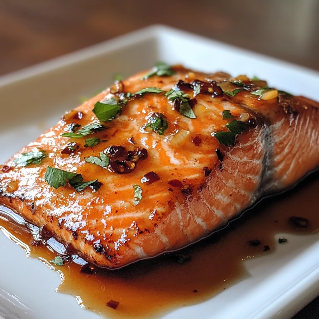 Close-up of juicy Honey Sriracha Salmon fillets, topped with sesame seeds and sliced scallions, served with a side of steamed rice.