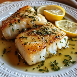 Crispy pan-seared cod fillet topped with a glossy herby lemon butter sauce, plated with fresh greens and lemon slices.
