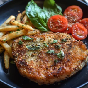 Juicy, golden-brown Pork Chop Milanese served with a side of fresh greens and lemon wedges on a white plate.