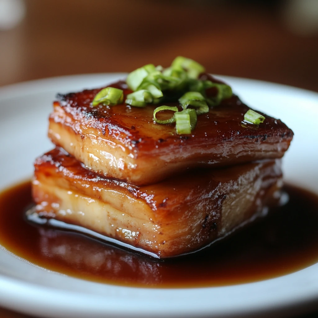 Sake and Soy Braised Pork Belly glazed in a rich, dark soy and sake sauce, garnished with scallions and served with steamed rice.