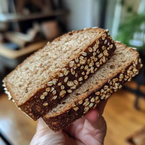 Golden-brown Seeded Oat Bread loaf, topped with oats and seeds, sliced open to show its soft, fluffy interior.