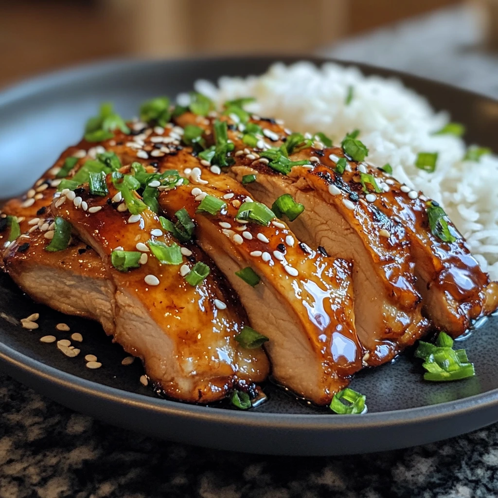 Grilled teriyaki chicken glazed with a rich, glossy sauce, served on a white plate with steamed rice and vegetables.