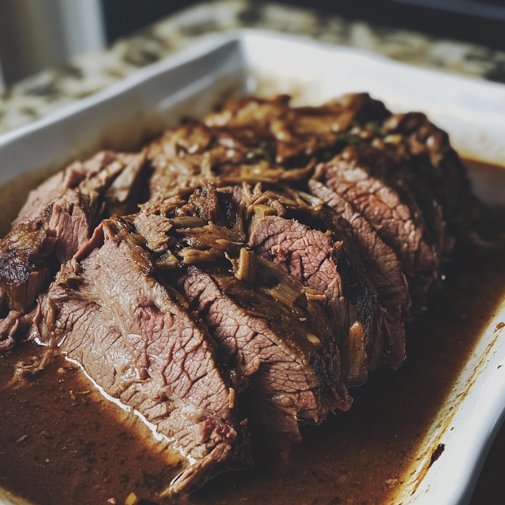 Close-up of juicy slices of Tuscan-style beef roast topped with herbs, served alongside roasted potatoes and carrots.