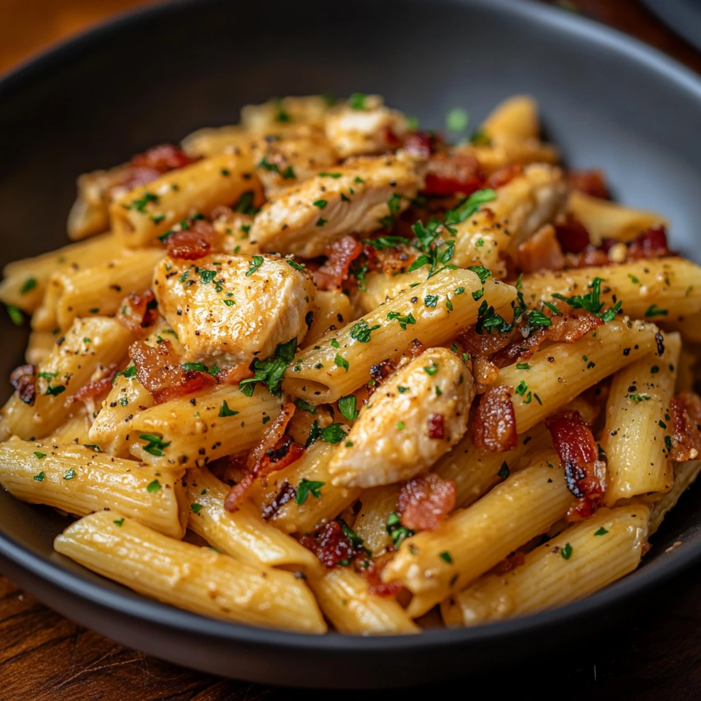Forkful of creamy chicken pasta with crispy bacon bits and fresh parsley on top, served on a rustic ceramic plate.