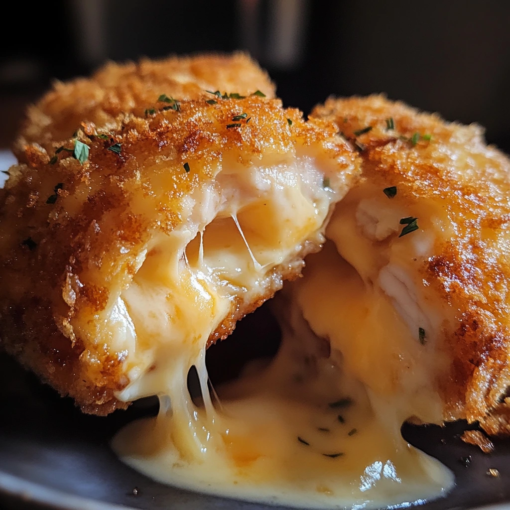 Close-up of crispy cheddar-baked chicken breasts with a crunchy cheese crust, served with mashed potatoes and green beans.