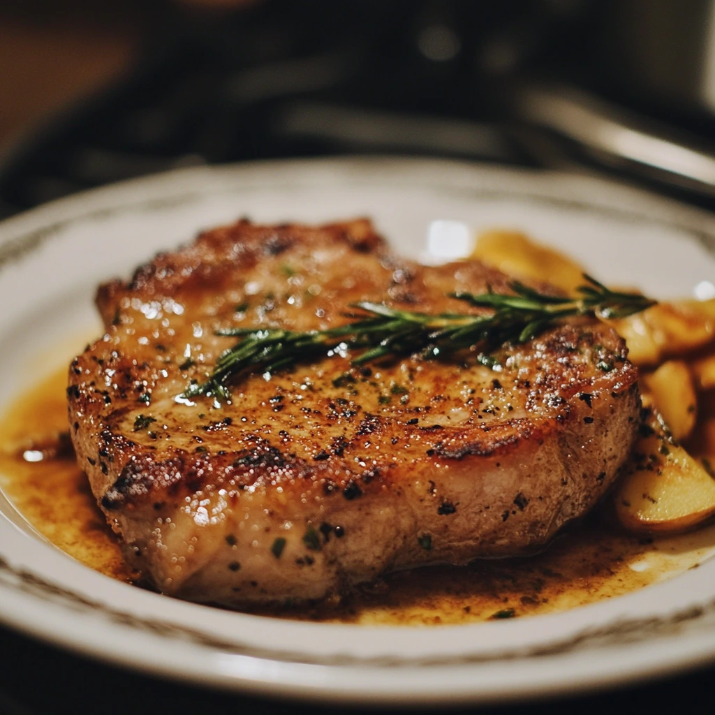Golden, crispy Pork Chop Milanese served on a white plate with a fresh arugula salad and a lemon wedge.