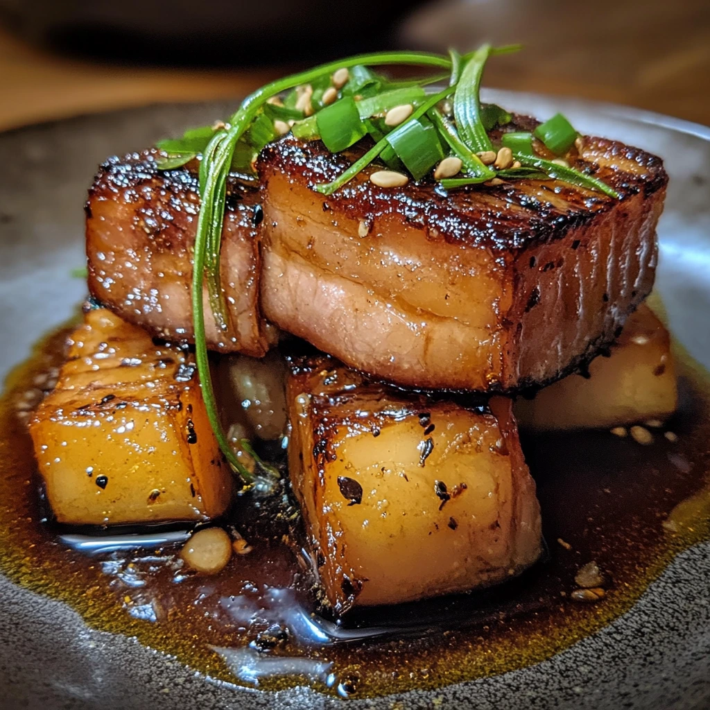 Close-up of glossy Sake and Soy Braised Pork Belly pieces braised in soy and sake, topped with sliced green onions and served in a ceramic bowl.