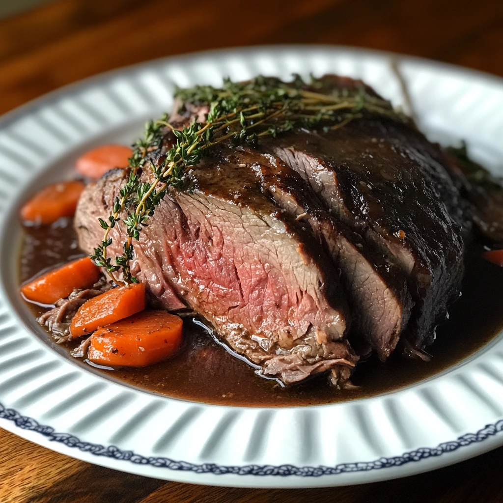 Tuscan-style beef roast sliced and served on a rustic platter, surrounded by herbs, carrots, and pan juices.