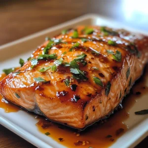 Golden-baked Honey Sriracha Salmon fillet glazed with a shiny, spicy sauce, garnished with sesame seeds and fresh herbs.