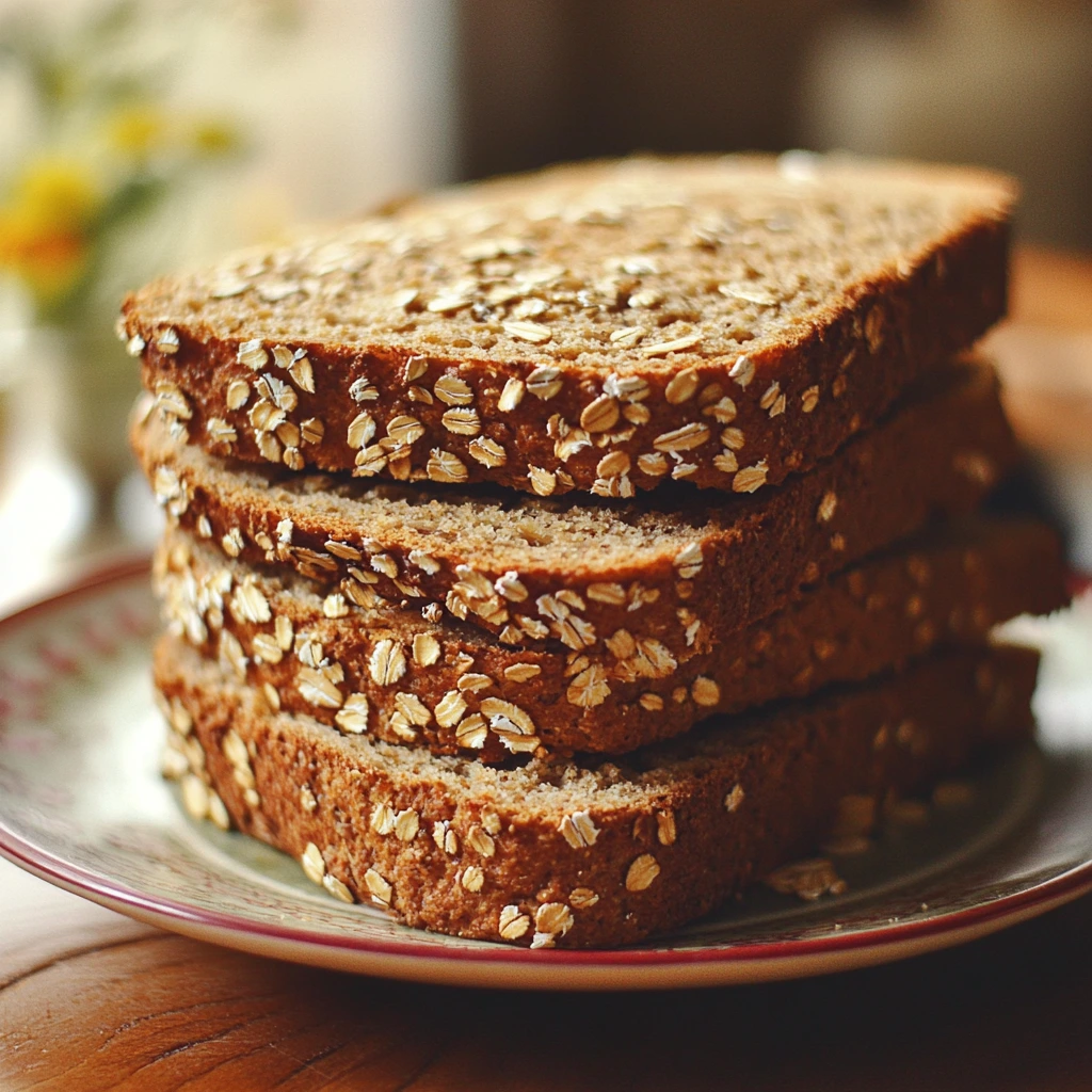 Close-up of a rustic Seeded Oat Bread loaf, covered with oats and seeds, with a golden, crunchy crust and soft inside.