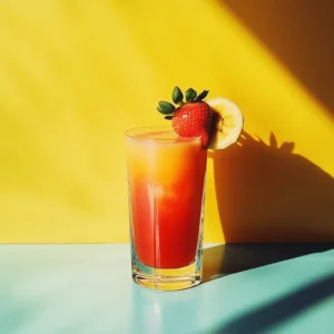 Chilled glass of strawberry banana juice with frothy top, placed next to fresh strawberries and sliced bananas on a light kitchen counter.