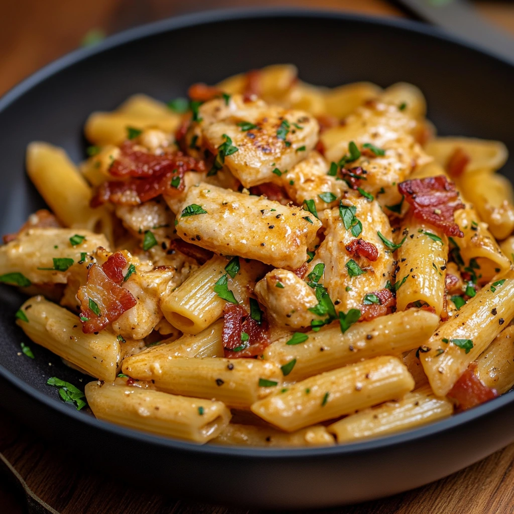 A plate of creamy pasta with chunks of chicken and crispy bacon, sprinkled with parmesan and fresh herbs.