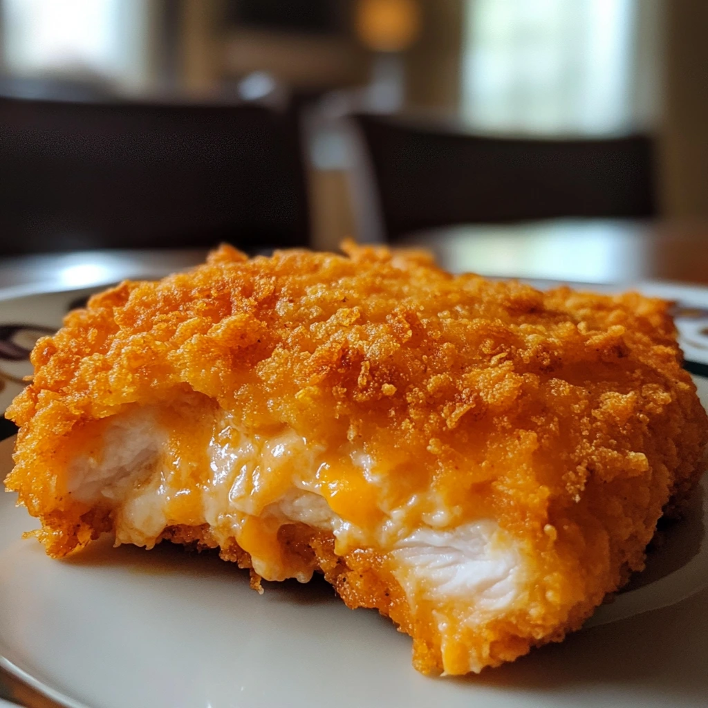 Golden, crispy cheddar-coated chicken breasts served on a plate, garnished with fresh herbs and a side of creamy dipping sauce.