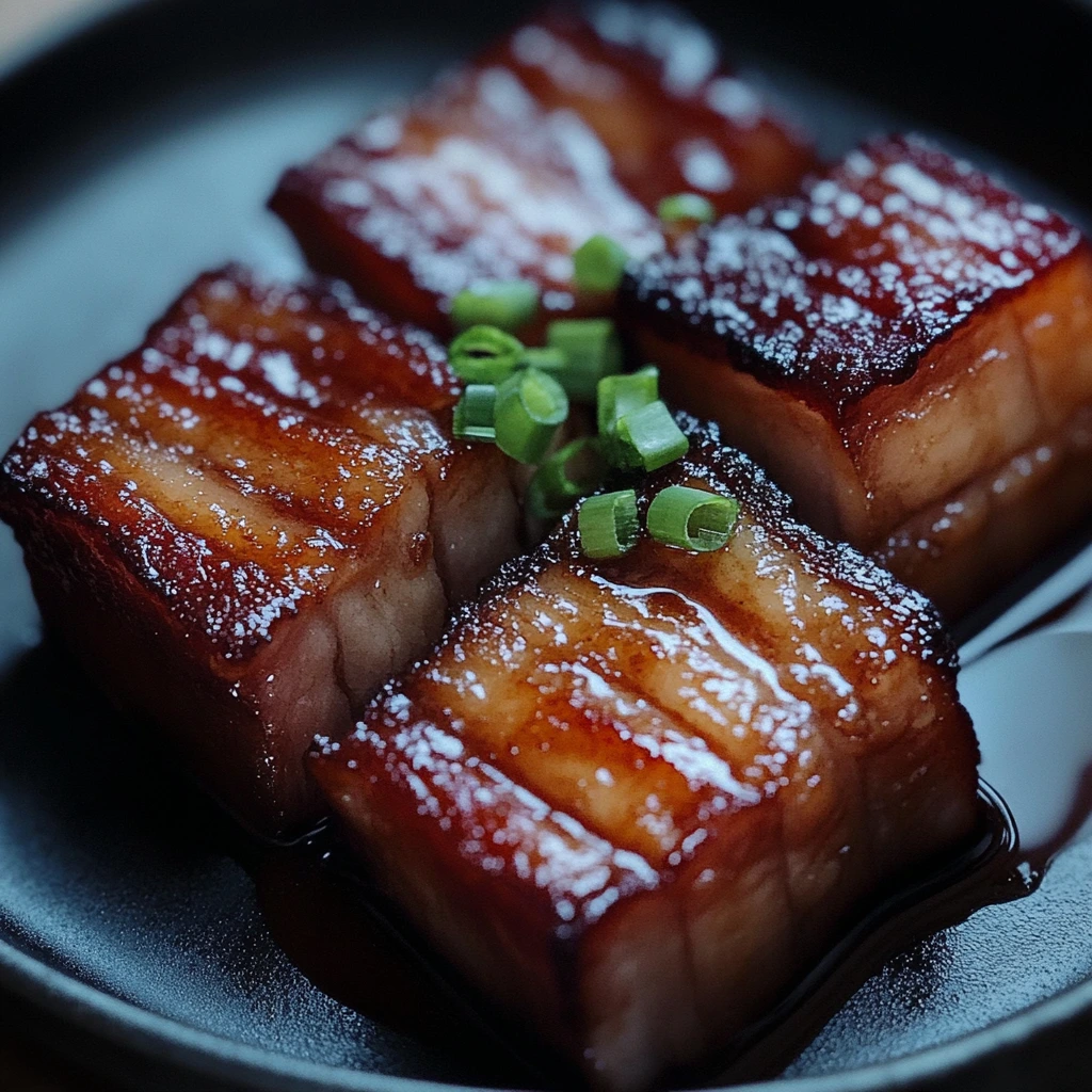 Tender chunks of pork belly coated in a dark soy-sake glaze, resting in a shallow bowl with a glossy finish and garnished with sesame seeds.