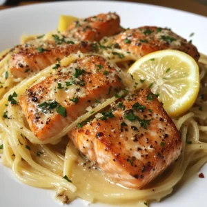 A plate of spaghetti topped with seared salmon pieces and drizzled with a glossy lemon garlic sauce, garnished with fresh parsley and lemon zest.