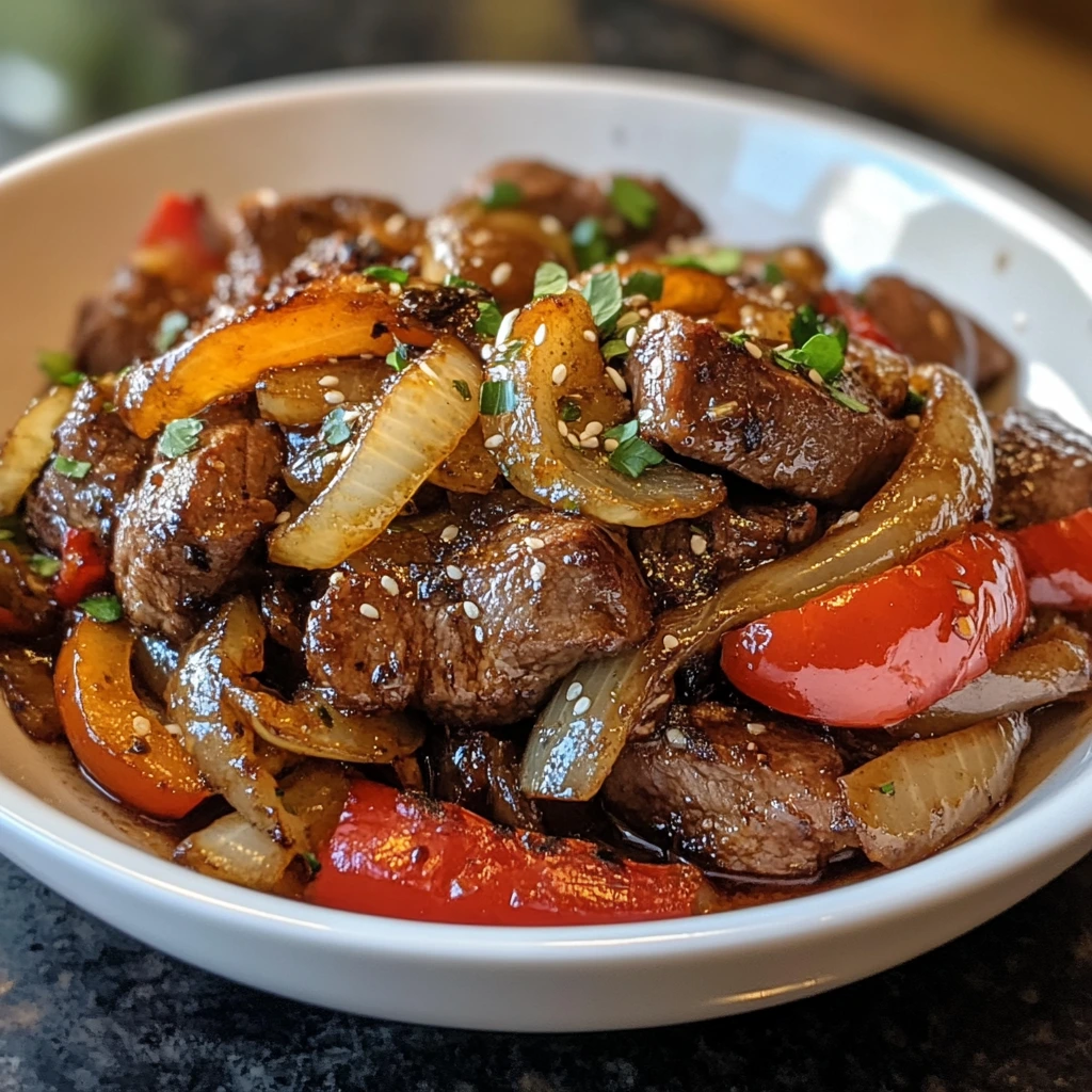 A sizzling plate of Chinese Pepper Steak with tender beef strips, colorful bell peppers, and caramelized onions in a rich, glossy sauce.