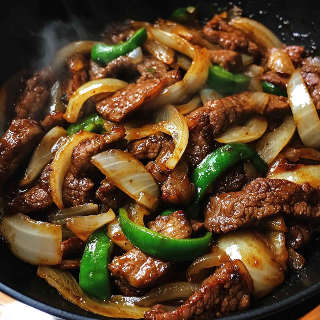 Tender strips of beef stir-fried with green and red bell peppers and onions, coated in a glossy, flavorful Chinese-style sauce.