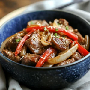 A sizzling plate of Chinese pepper steak with colorful peppers and onions, coated in a rich, savory brown sauce.