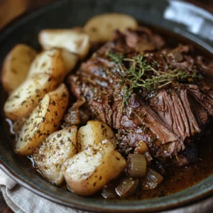 Rustic Tuscan beef roast in a cast iron pot, simmering in a tomato and herb sauce with chunks of vegetables.