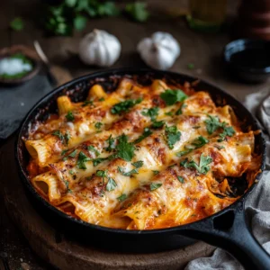 Golden-baked enchiladas filled with chicken and pasta, topped with melted cheese, fresh cilantro, and drizzled sour cream.