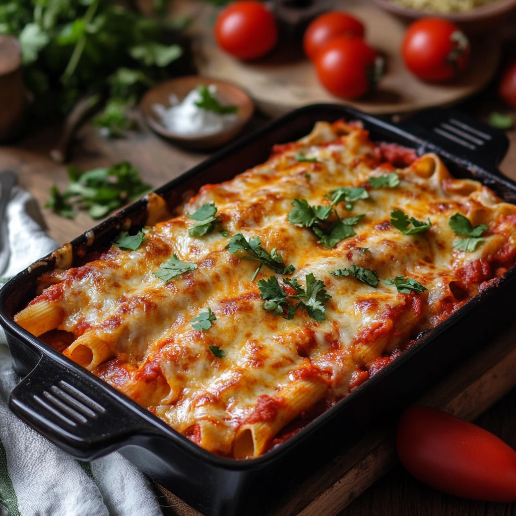 Close-up of creamy chicken pasta enchiladas topped with melted cheese, diced tomatoes, and fresh cilantro on a white serving plate.