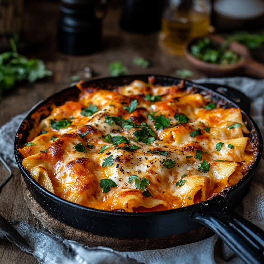 Chicken pasta enchiladas smothered in red enchilada sauce and melted cheese, garnished with chopped green onions and sour cream.