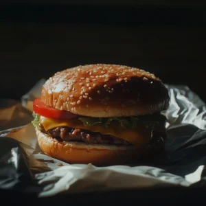 A delicious, juicy burger with a perfectly cooked beef patty, melted cheese, fresh lettuce, tomato, and pickles, all stacked between a toasted bun.