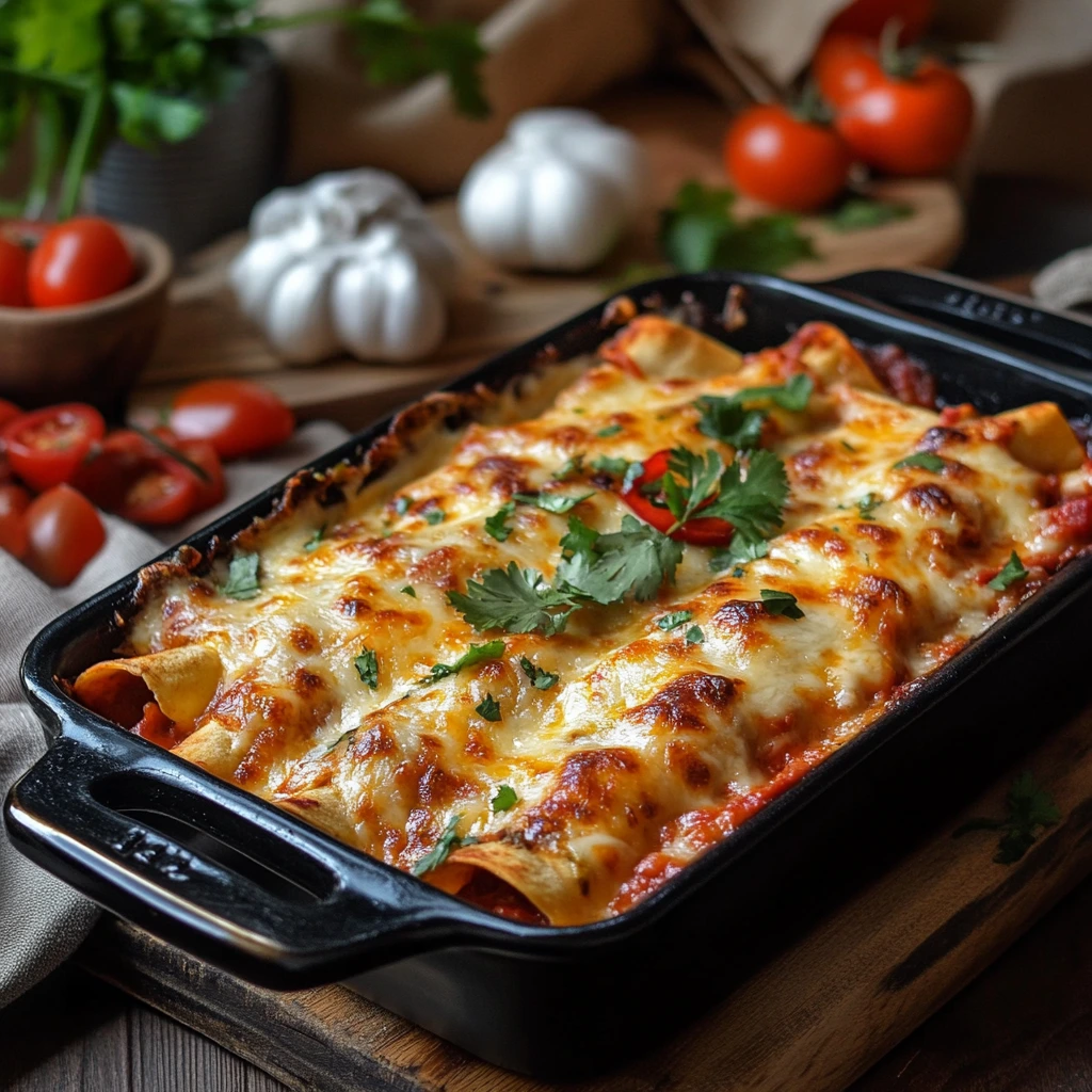 Baked enchiladas filled with chicken and pasta, topped with melted cheese, enchilada sauce, and fresh cilantro in a casserole dish.