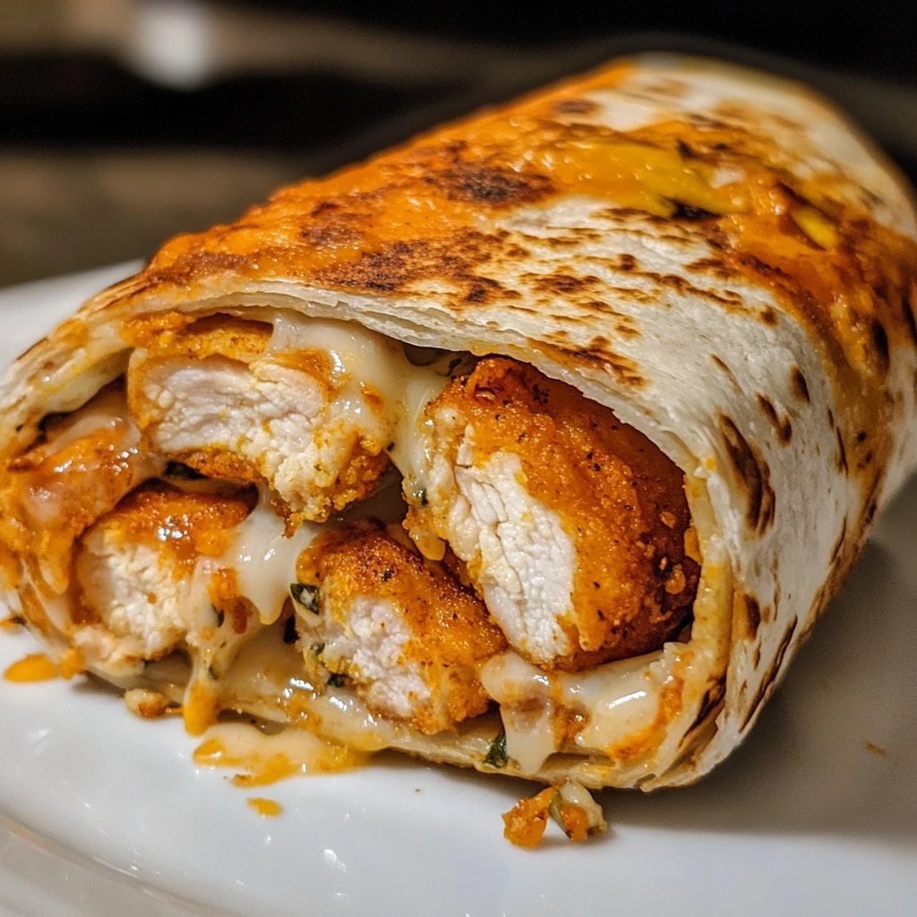 Close-up of air-fried wraps filled with spicy chicken and melted cheese, sliced diagonally and served with a creamy dipping sauce.