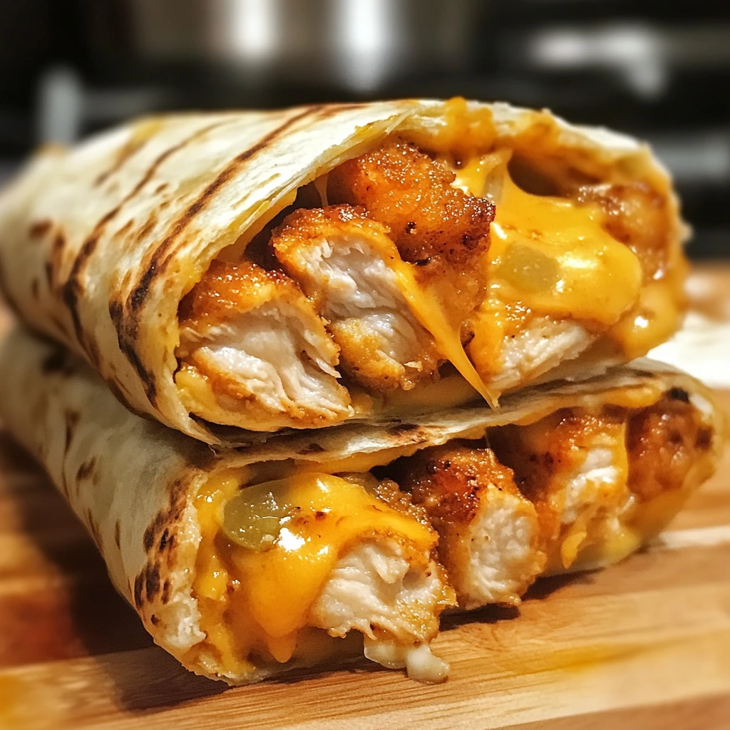 Crispy tortilla wraps filled with melted cheese and chunks of hot chicken, cut in halves and served on a white plate with a side of dipping sauce.