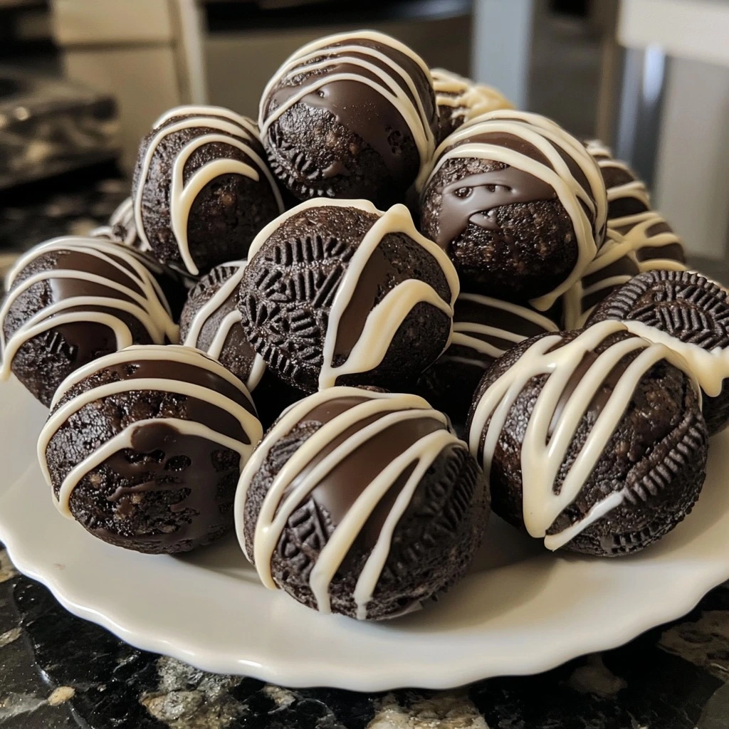 A plate of Oreo balls drizzled with white chocolate, showcasing intricate cookie patterns and smooth chocolate coatings.