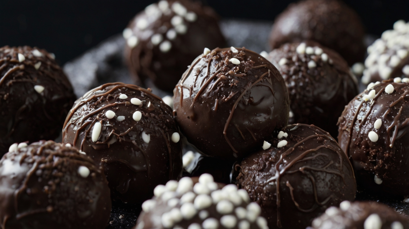 Close-up of a variety of Oreo balls, coated with chocolate and garnished with sprinkles, white drizzle, and crushed toppings.