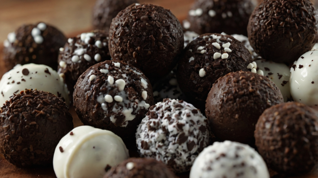 A plate of Oreo balls covered in chocolate and decorated with white drizzle and crushed Oreo crumbs