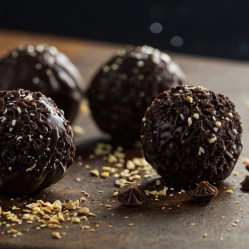 Close-up of Oreo balls coated in dark chocolate and topped with crushed Oreo crumbs and sesame seeds on a wooden surface.