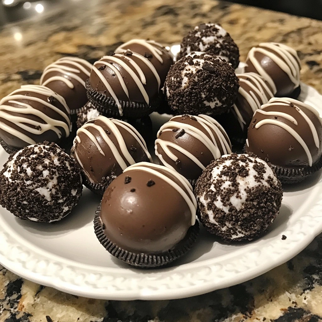 A plate of Oreo balls coated in chocolate, some drizzled with white chocolate and others covered with crushed Oreo crumbs.