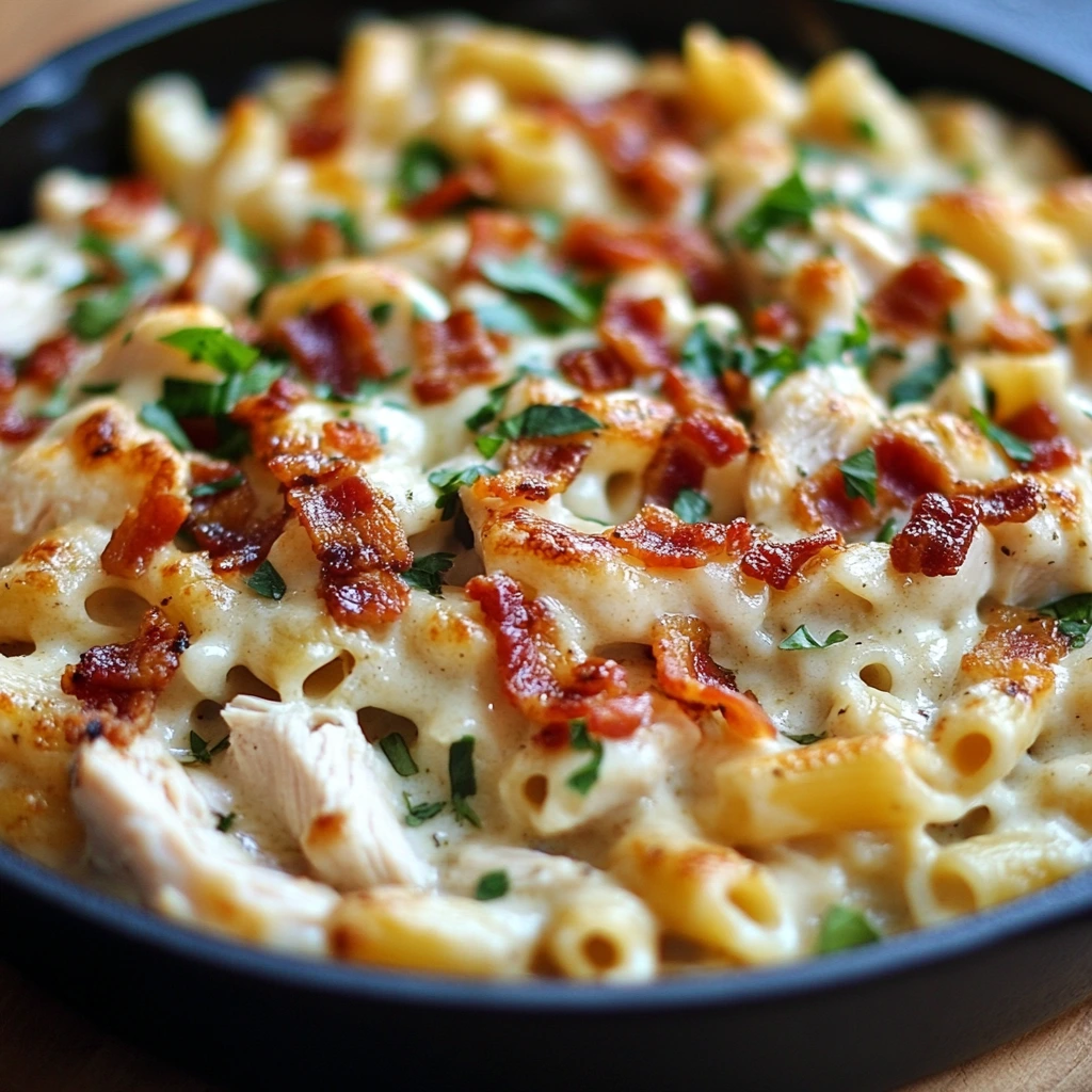 Close-up of a creamy chicken bacon ranch pasta dish with golden cheese, crispy bacon, and pasta spirals coated in a rich sauce.