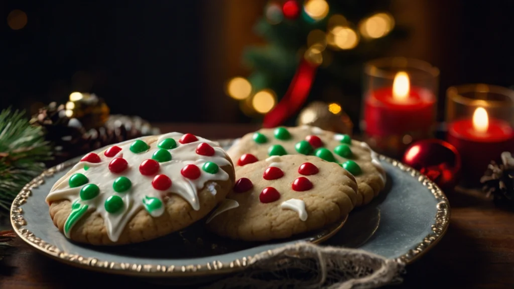 Festive Christmas cookies topped with red and green candy decorations, served on a silver platter with holiday candles and decorations in the background.