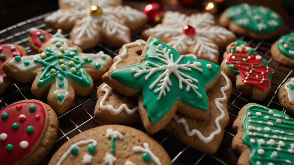 A variety of festive Christmas cookies decorated with colorful icing, including green trees, red ornaments, and white snowflakes, resting on a cooling rack.