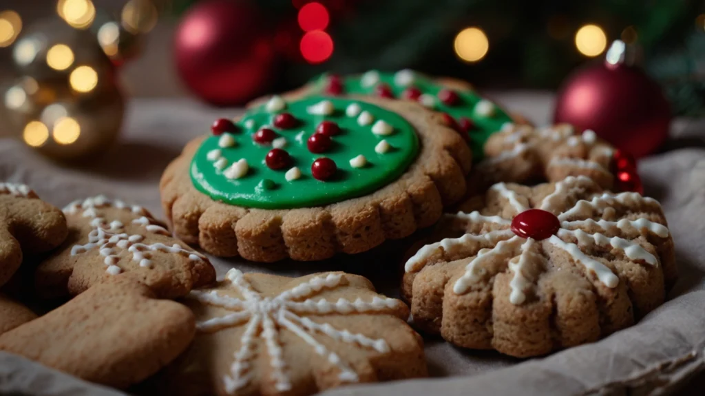 A festive assortment of colorful Christmas cookies decorated with icing and sprinkles, shaped like snowflakes, stars, and trees on a cooling rack.