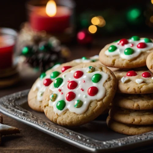 Assortment of handcrafted Christmas cookies intricately decorated with vibrant red, green, and white icing, featuring festive patterns like snowflakes, candy canes, and holly leaves, elegantly arranged on a sparkling silver platter amidst a warm, candlelit holiday setting with twinkling ornaments and evergreen sprigs in the background.