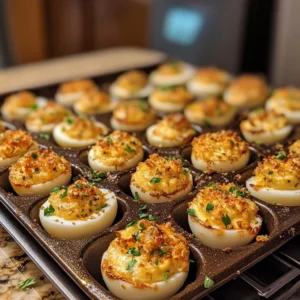 Plate of creamy deviled eggs garnished with paprika and fresh parsley