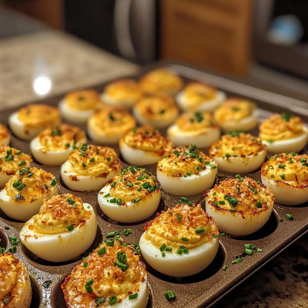  A tray filled with classic deviled eggs, topped with golden yolk filling, crispy breadcrumbs, and freshly chopped chives.