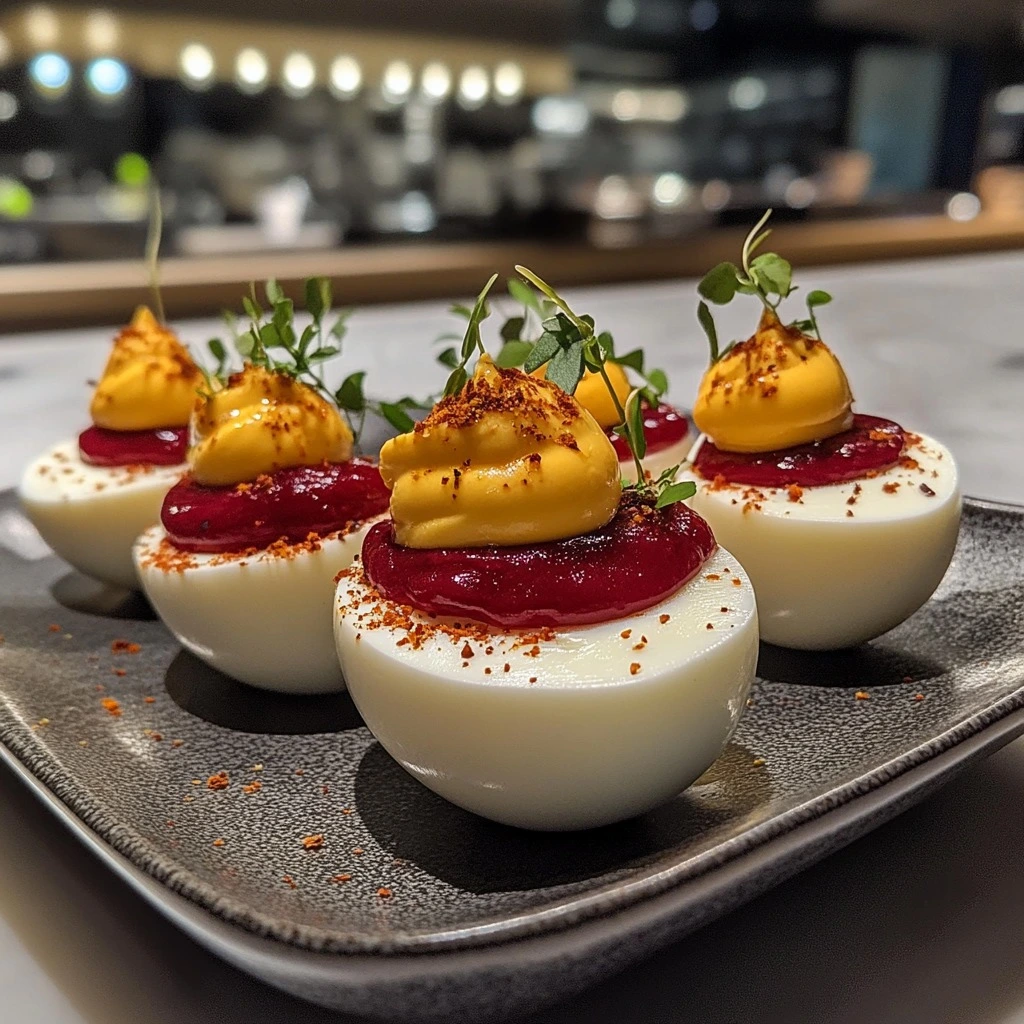 A platter of elegantly presented deviled eggs topped with vibrant red sauce, creamy golden yolk mixture, fresh microgreens, and a dusting of spices.