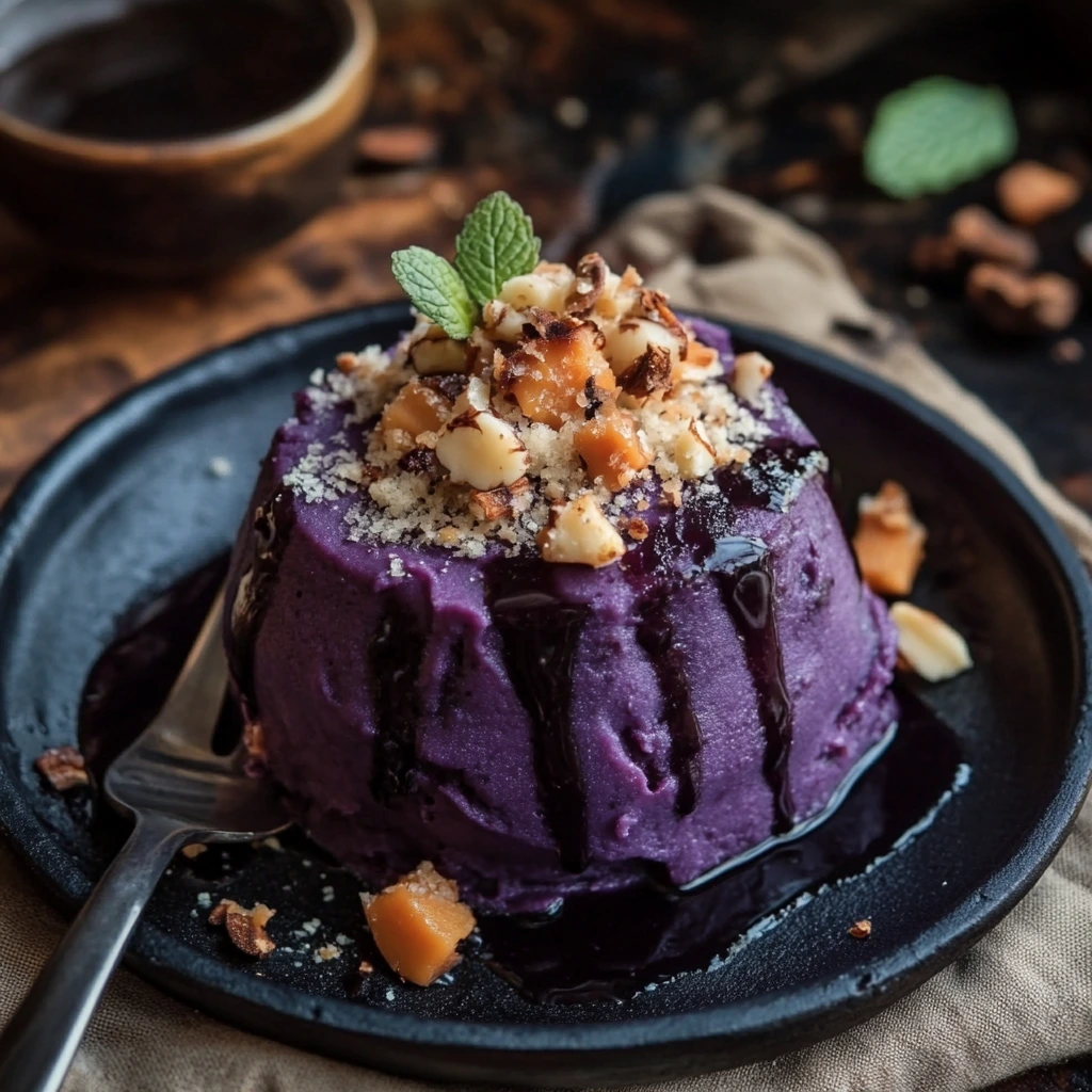 A rich and velvety purple sweet potato mousse in a white ramekin, garnished with coconut flakes and a mint sprig, sitting on a linen napkin with a gold spoon beside it.