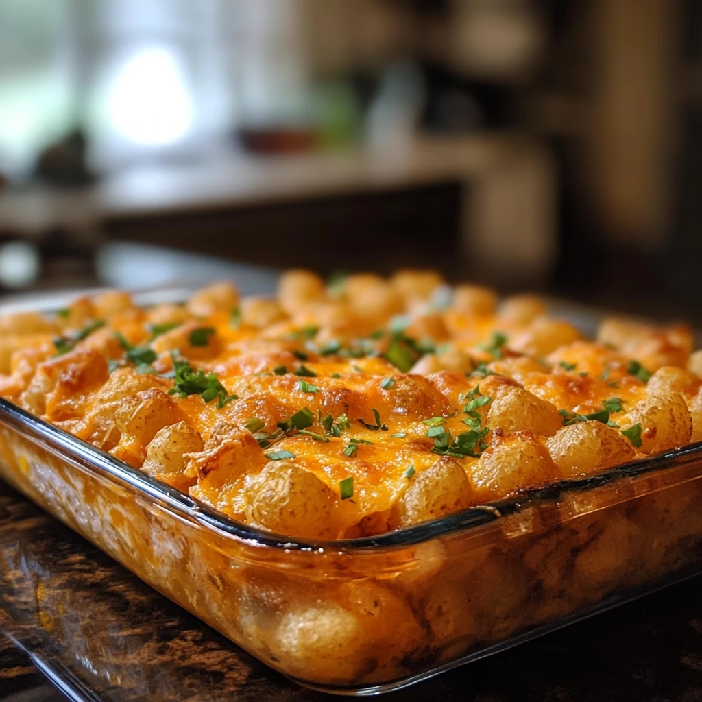 Golden ranch tater tot casserole fresh from the oven, with crispy tater tots layered over creamy ranch-seasoned filling and melted cheese.