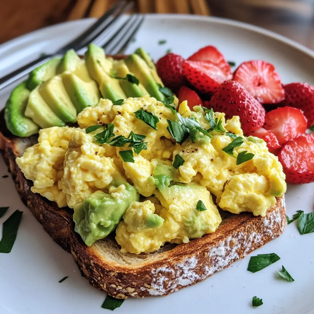 Scrambled Eggs Avocado Toast and Strawberries